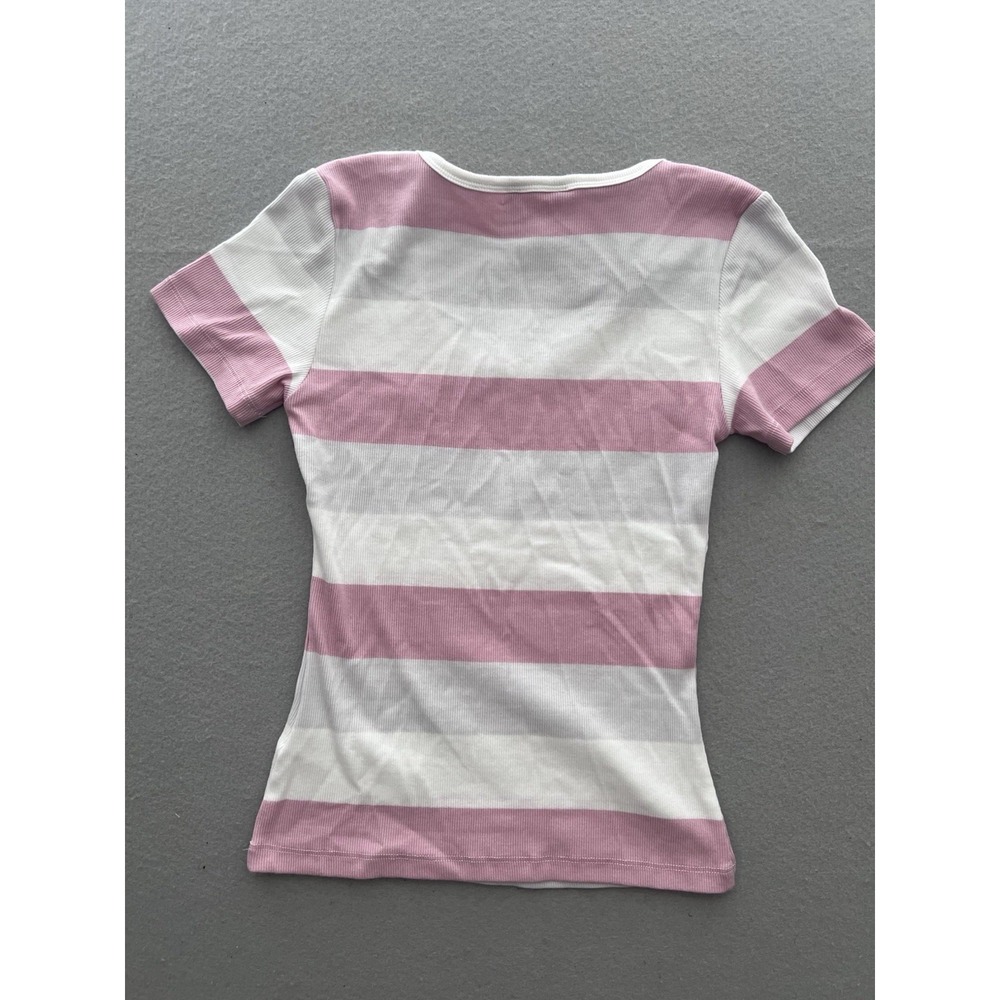 GUESS Womens Ribbed Short Sleeve Top Shirt Scoop Neck Zip Front Pink White Small - Picture 6 of 7